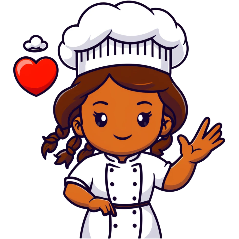Brown-skinned female chef with long braided brown hair, wearing a chef's hat, with both an angel halo and devil horns, making a heart shape with her hands emoji