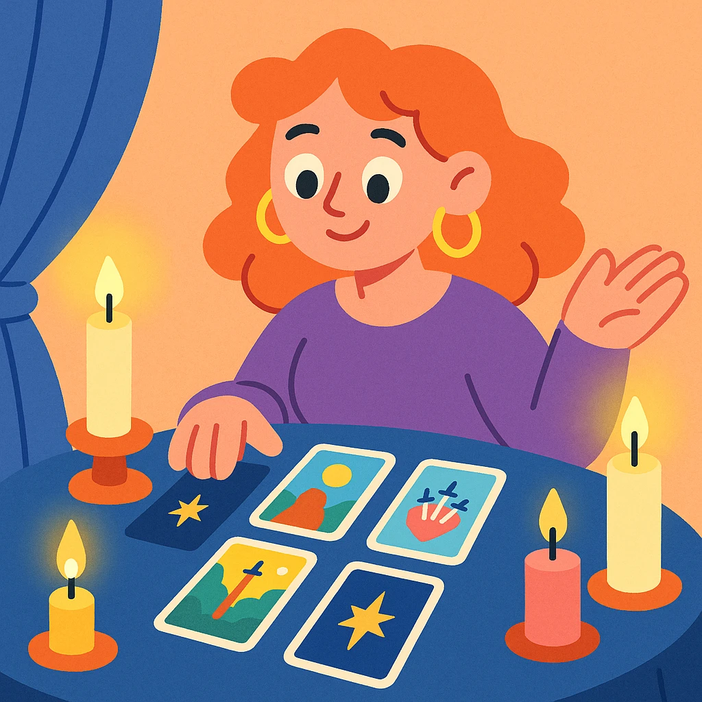 cozy tarot table with glowing candles and cards emoji