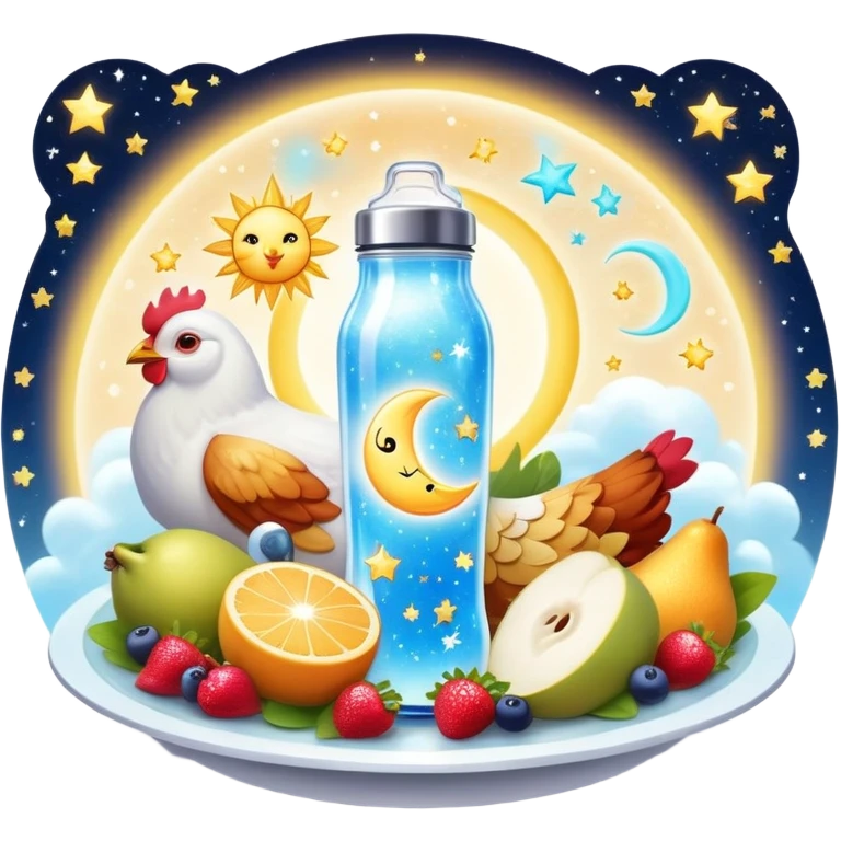 Magical fitness galaxy with ethereal glowing water bottle, celestial sun rays, enchanted floating chicken and rice plate, mystical sparkling gym equipment, luminous yogurt, twinkling fruit pieces, and dreamy moon and stars, all orbiting in perfect harmony within a cosmic starry circle emoji