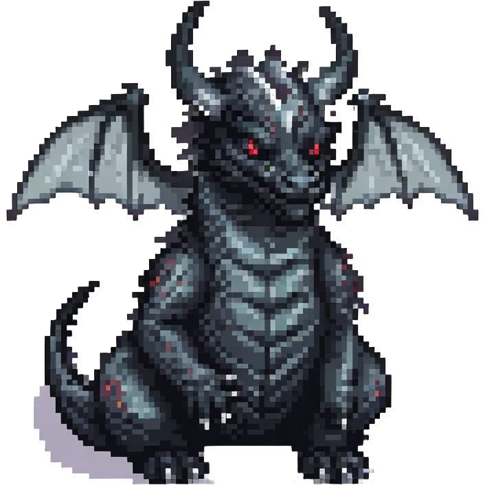 Make the wings even bigger on this fierce black dragon with two medium horns, keep pixel art style and no background. emoji