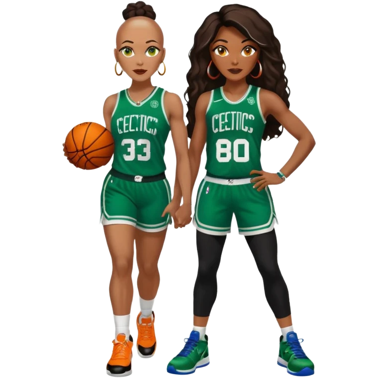 48-year-old black woman with brown eyes, long dark brown balayage hair dressed in sexy 
celtics jersey costume outfit with stilettos. A bald white man with orange beard, blue eyes, wearing a Jason Tatum Boston Celtics Jersey, matching Nike sneakers  emoji