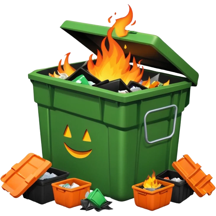 Green dumpster with a black partially open lid. surrounded by pieces of trash on the ground arount it. orange flames are buring lare an bright inside the dumpster. dumpster is smiling emoji