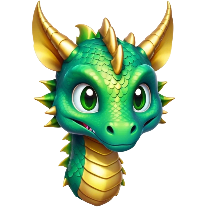 Cinematic Cute Dragon Portrait Emoji, Head tilted playfully and inquisitively, featuring a sleek, serpentine form adorned with iridescent scales that shift between emerald and gold, a delicate set of subtle horns, and round, sparkling eyes full of curious magic; rendered with realistic detail and warm natural light, high shine, affectionate and enchanting, styled with a touch of whimsical fantasy, soft glowing outline, capturing the essence of a mischievous yet lovable dragon that seems poised to slither playfully into your arms! emoji