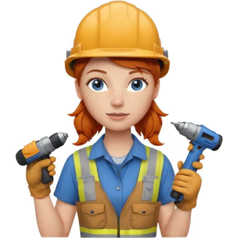 A ginger haired girl blue eyes, handyman Outfit, wearing a Helmet, with drill emoji