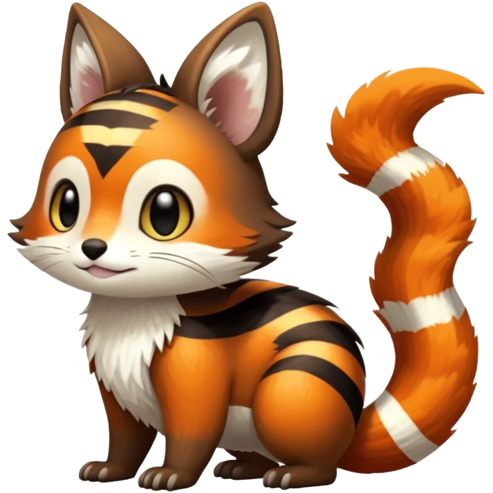 lush warm-colored Fakémon-Trico-creature (full body) with white cheek markings, white-striped tail emoji