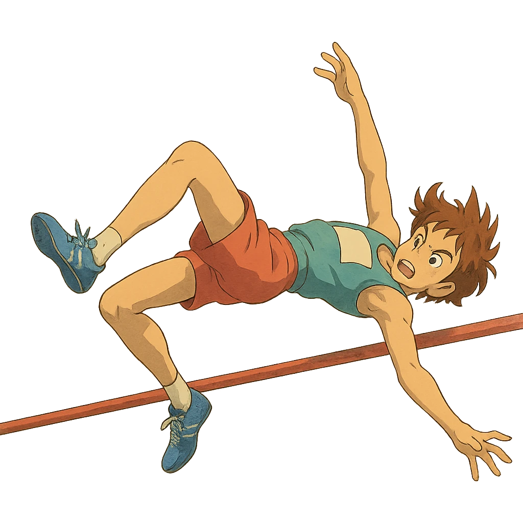 ghibli style high jump athlete, dramatic jump emoji