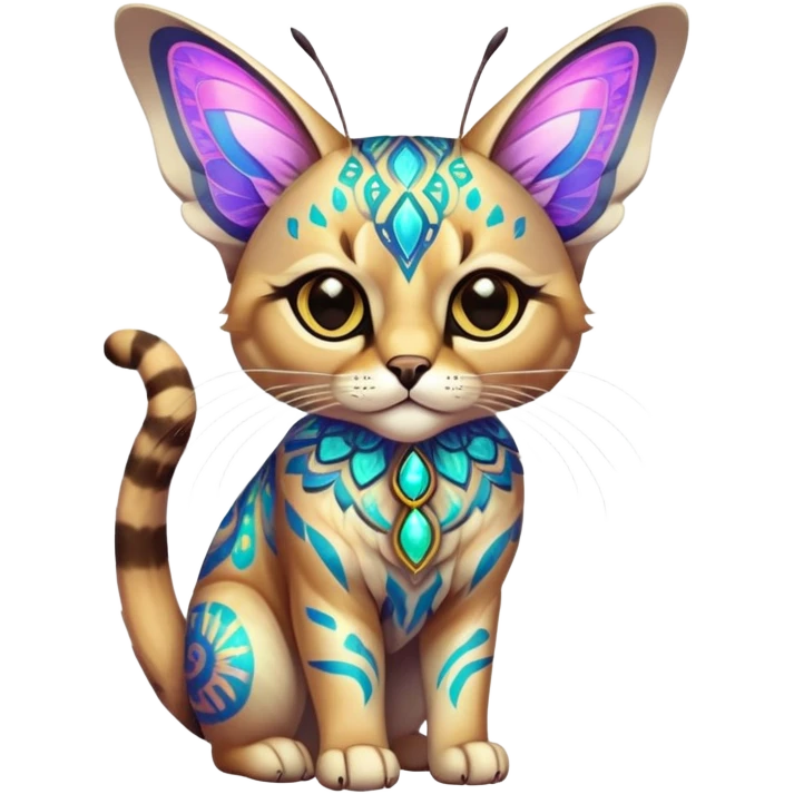 Colorful Neon exotic ethereal iridescent tropical shiny Fantasy-Siamese-Bobcat-Caracal-Moth-Scottish-Fold-feline-Fakémon-feline-hybrid (full body) emoji