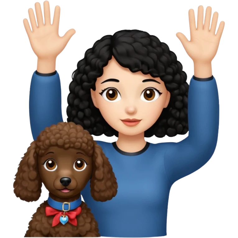 Ponytail black hair girl with brown Poodle say goodbye  emoji