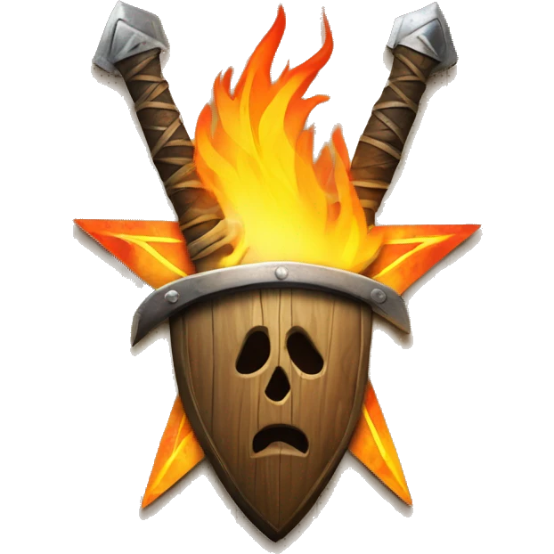 A mix Wood rustic star with a Sword on fire in front of  emoji