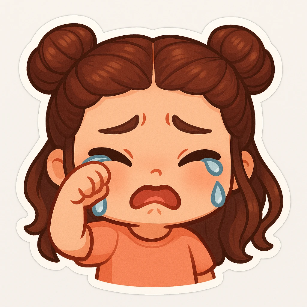 Create a chibi sticker of the girl from the reference image. She is crying with a pouty face, wiping away a tear, cute and expressive, with her signature double bun hairstyle. emoji