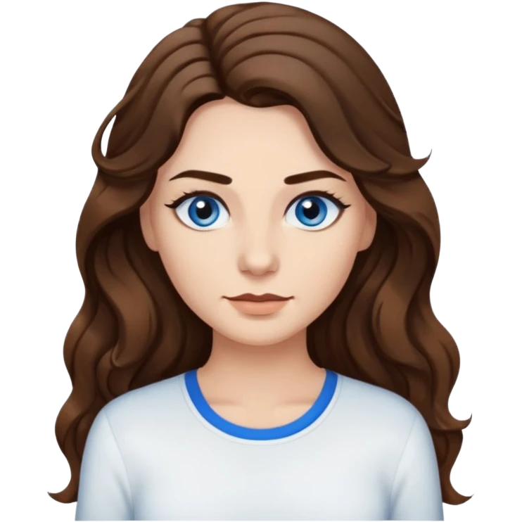 Woman with very long wavy brown hair, blue eyes,long black eyelashes and thick dark brown eyebrows wearing white long sleeved shirt emoji