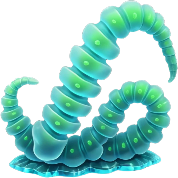 3D render of Crystal Cave Worms, bioluminescent deep sea style, glowing neon blue and green lights, dark background to contrast the glow, translucent organic textures. emoji