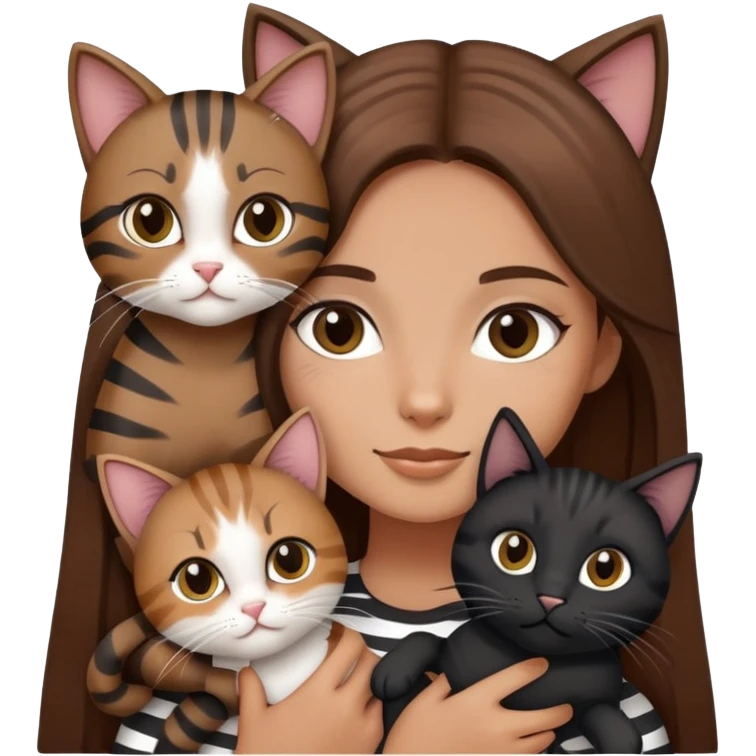 tan girl with long brown hair holding two cats, one black cat and one grey-striped cat emoji