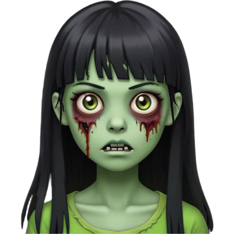 Zombie emoji girl, light green skin, black straight long hair with bangs emoji