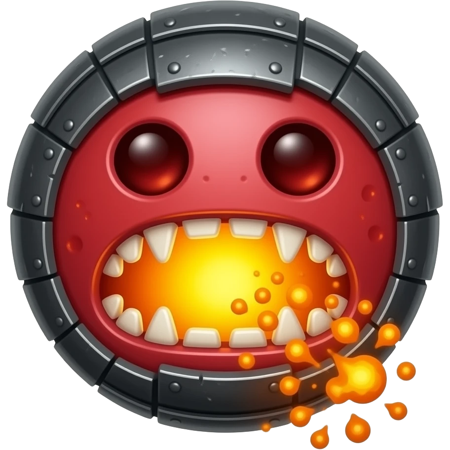 A red floating round sime-ball-like monster with charcoal armor plates and a furnace-hot jaw. It spits fireballs and snaps with explosive bursts of heat. No platform. emoji