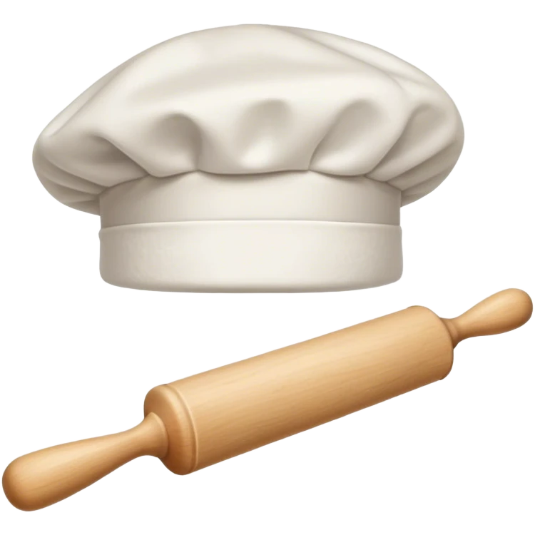 Cinematic Realistic Chef Hat & Rolling Pin, crisp white cotton hat with soft folds, resting beside a classic wooden rolling pin with smooth, polished curves, a light dusting of flour adding authenticity, warm kitchen lighting casting gentle shadows, glowing with a cozy and inviting charm. emoji