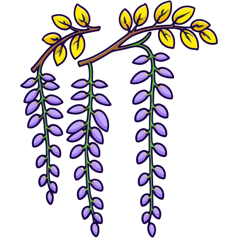 Decorative wisteria flower with elegant drooping clusters of purple blossoms and small bright green leaves emoji