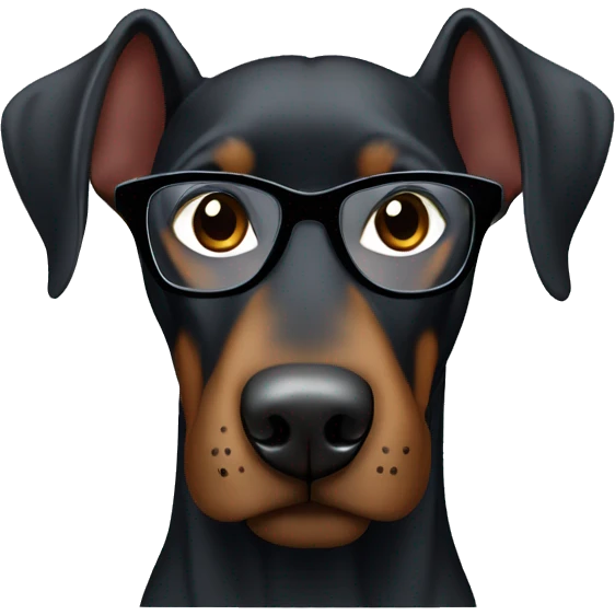 black Doberman with brown spots in a gray sweatshirt and wearing glasses with black frames, positive emoji
