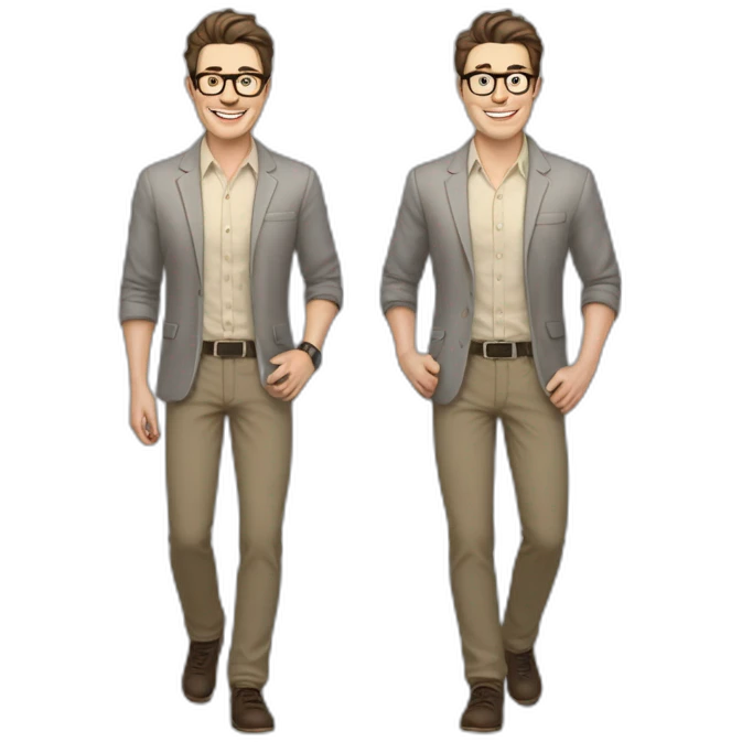 Joyful Full height Pale skinned Fit Man With dark brown hair in gray jacket, beige office shirt, Brown pants and vintage glasses. His thrumbs up emoji
