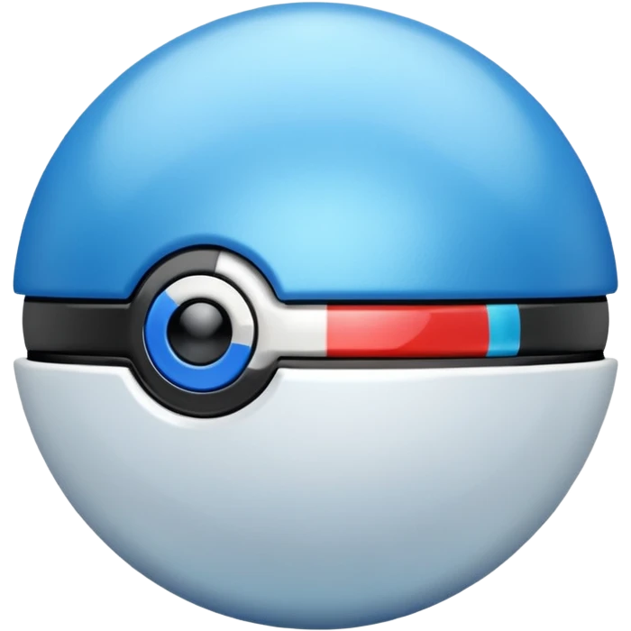 blue pokeball emoji, top half is a more saturated blue, bottom half is white, black stripe, with a white sheen, with a pearlescent finish, with a metal effect emoji