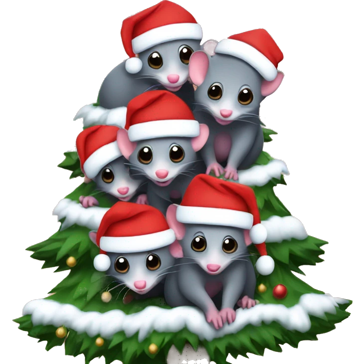 4 possums wearing Santa hats in front of a Christmas tree emoji