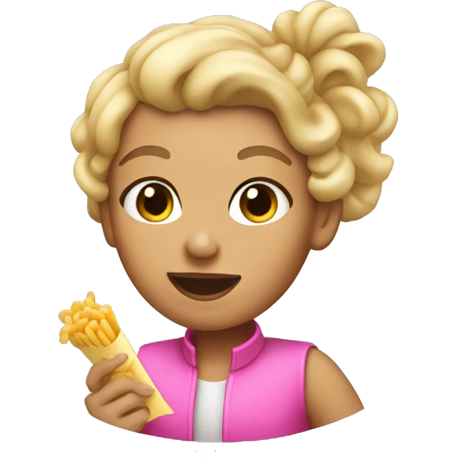Tan girl with blonde hair  with hee hair up in a pink vest eating macaroni  emoji