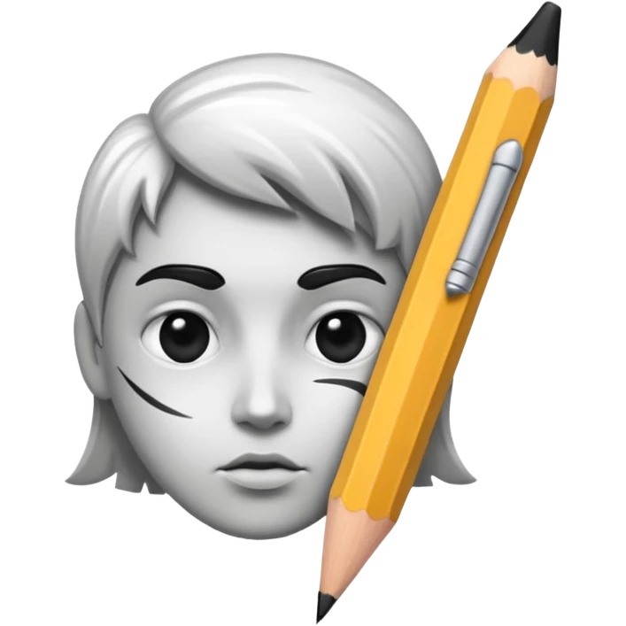 Create a black-and-white icon showing the process of cartooning: a pencil sketching an exaggerated face, with ink pen details and pencil smudges. Use clean lines and shading. Transparent background. emoji