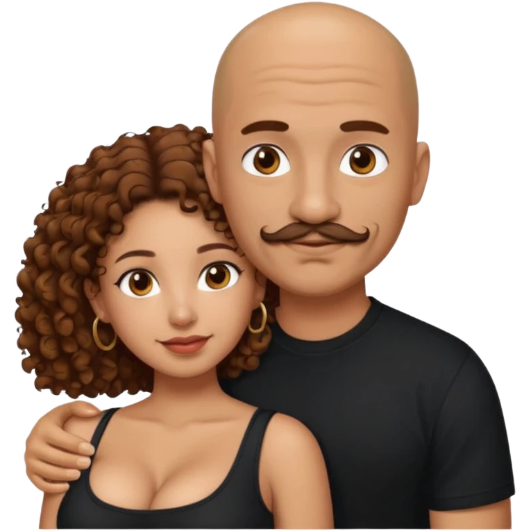A mixed girl, the girl is wearing a black shirt, the girl has brown curly hair  and the girl has big boobs. A Mexican man is embracing her, with bald hair and a short boxed mustache  emoji