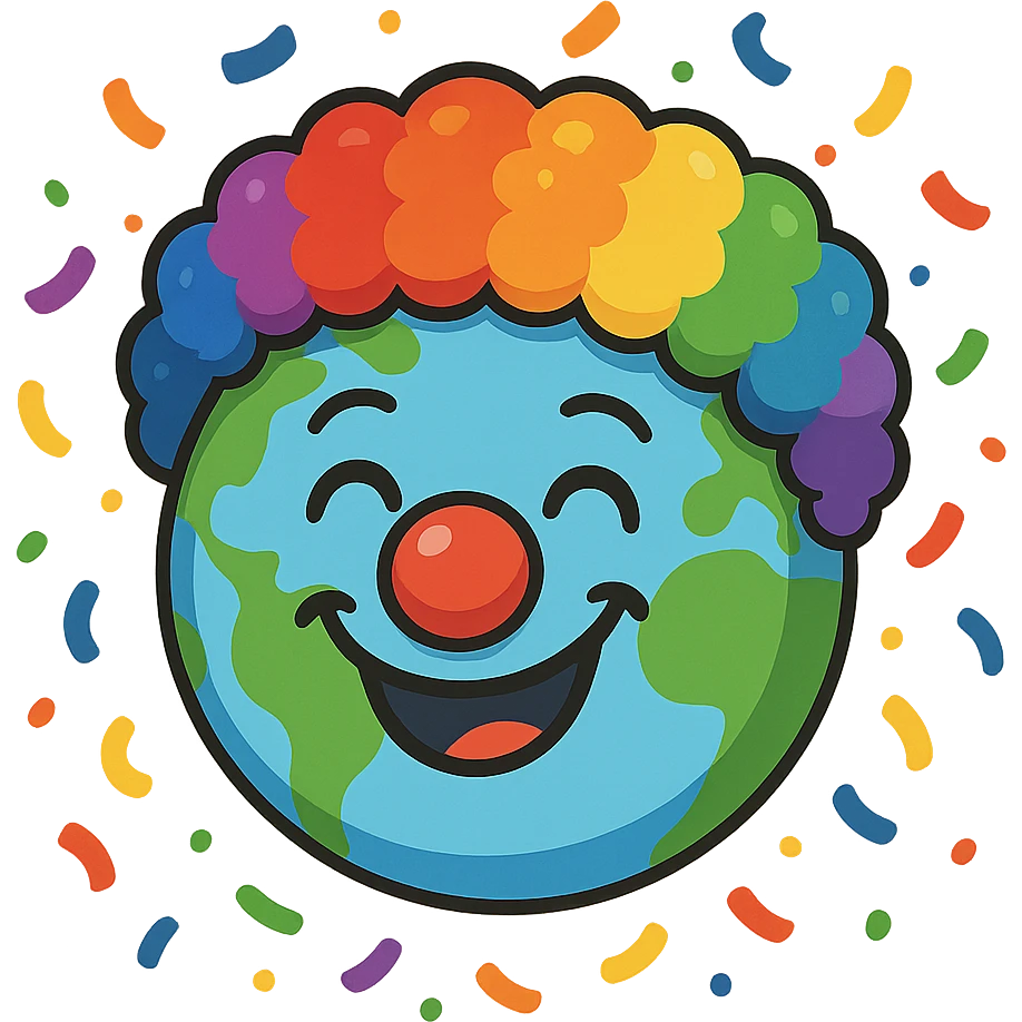 a globe with clown features, red nose, rainbow wig, and silly smile, surrounded by confetti emoji
