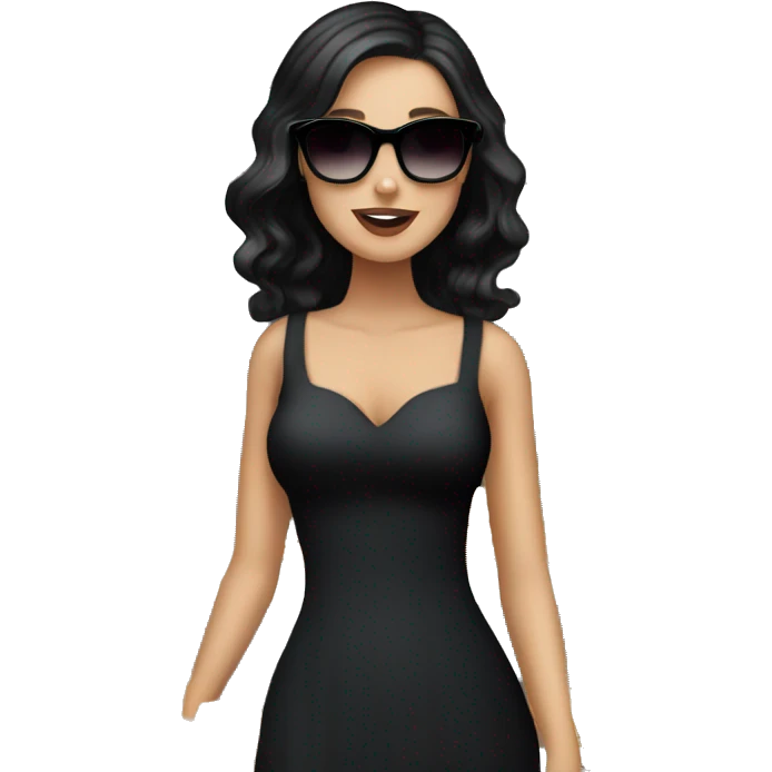 white girl with black hair shopping with a fancy black dress and sunglasses on emoji