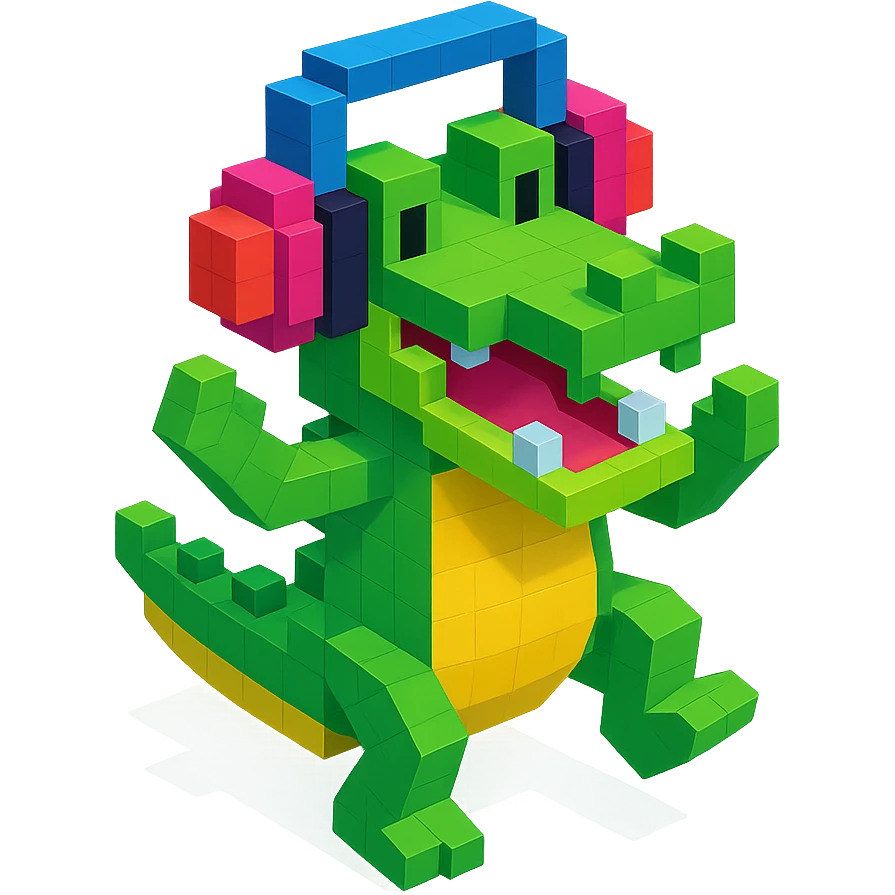 crocodile with headphones dancing, isometric view, voxel style emoji
