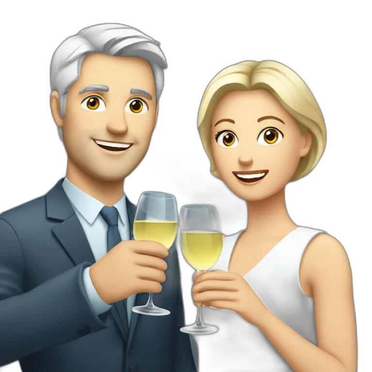 caucasian woman with brown eyes and blond short hair and a caucasian man with blue eyes and grey hair, toasting with a glass of white wine emoji