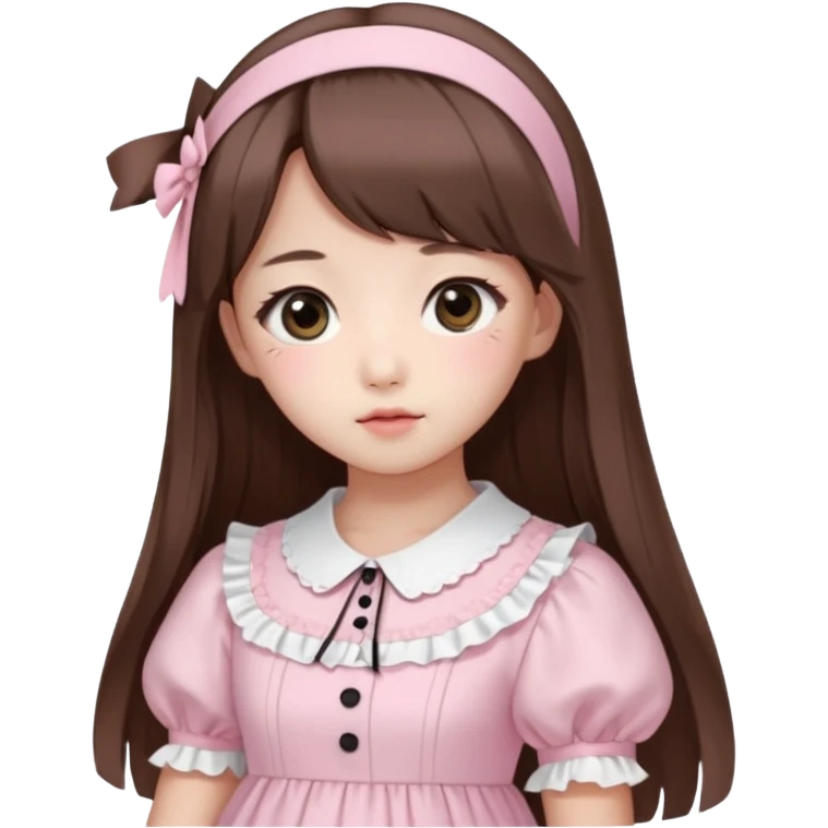 She has fair skin, is Korean, has long straight brown hair, slanted black eyes, with a very Kawaii baby pink lolita dress.  emoji