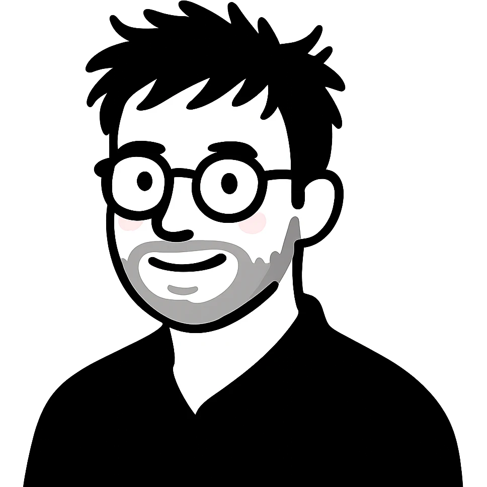 A creative man with round glasses, disheveled messy hair, and a neatly trimmed short beard, with a gentle smile emoji