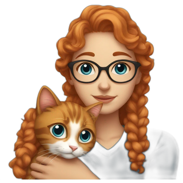 a pretty girl with curly copper hair and blue glasses hugging a cat emoji
