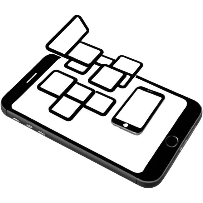 Minimalistic flat vector icon, iOS style, thin black contour on white background. Three small developer silhouettes around a smartphone with code brackets <>. Clean, no text, no shadows. emoji