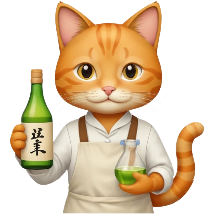 cool cat wearing an apron holding a bottle of sake emoji