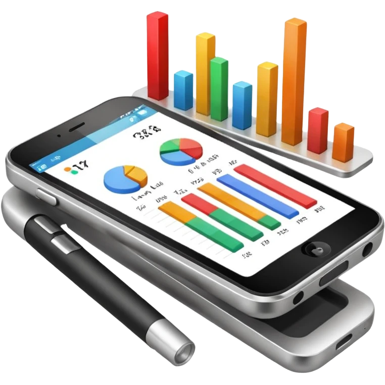 Photorealistic emoji of a compact device (handheld scanner) made of matte metal and glass. The bright, slightly reflective screen shows small colored bar charts/heatmap icons and language codes (EN, DE, 中文, العربية) plus a tiny analytics chart.  emoji