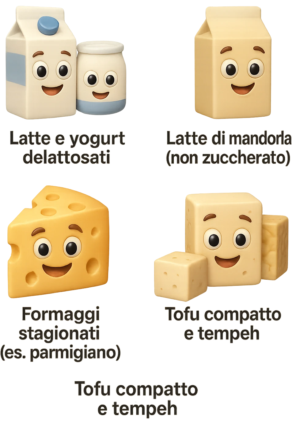 emoji stile iphone 3d di questi elementi che fluttuano in aria:

Latte e yogurt delattosati
Latte di mandorla (non zuccherato)
Latte di soia da proteine isolate
Formaggi stagionati (es. parmigiano)
Tofu compatto e tempeh
 che fluttuano in aria,  le etichette scrivile in italiano, iperealistico 4k emoji