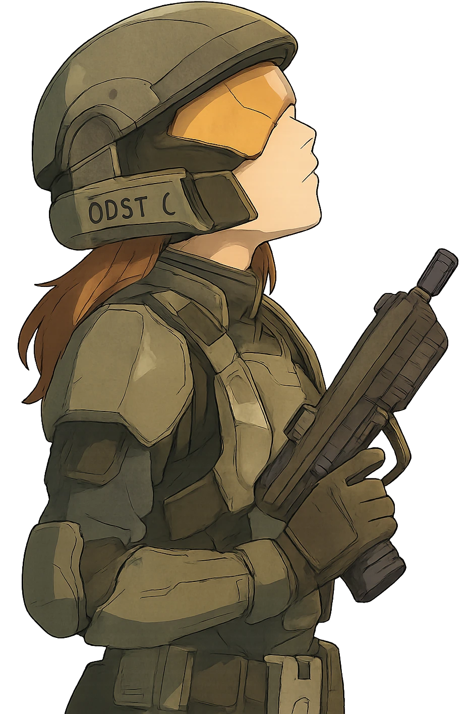 A female odst, right shoulder profile, helmet on, looking up to the sky, holding their trademark suppressed smg at ease emoji