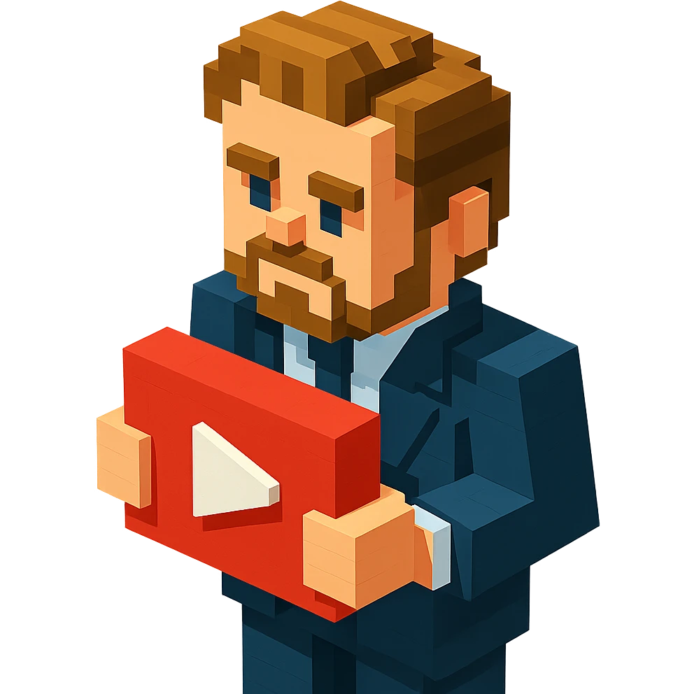 voxel style Leonardo DiCaprio holding a red YouTube play button, isometric view emoji