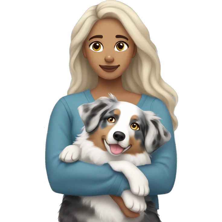 Light skinned woman with medium length blonde hair cuddling with blue Merle Australian shepherd  emoji