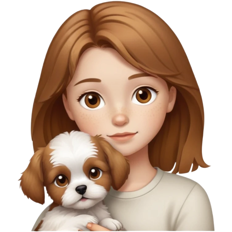 Young girl with light brown hair hazel eyes and freckles with her shitzu puppy emoji