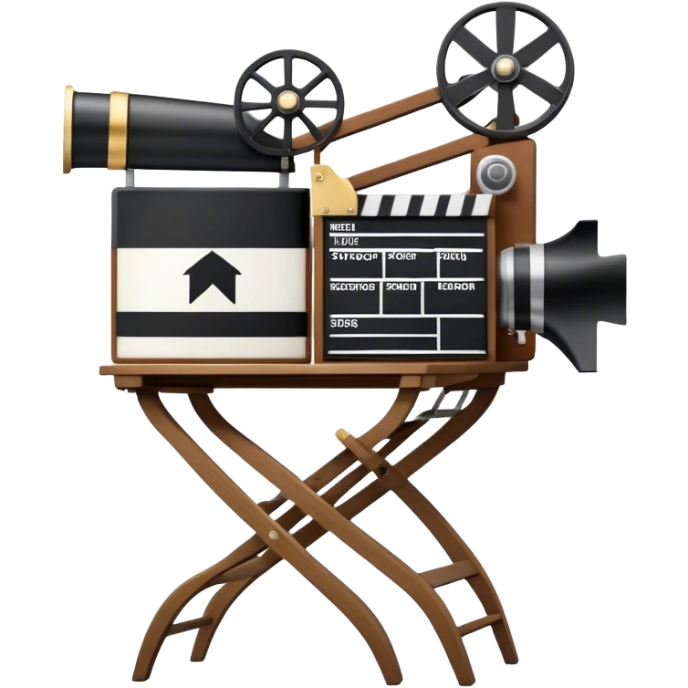 Icon for Directing: a director's chair, a film clapperboard, large movie camera, vintage megaphone and a stage with a spotlight. The icon should represent the creative and organizational aspects of directing, with focus on storytelling, staging, and performance. Transparent background. emoji