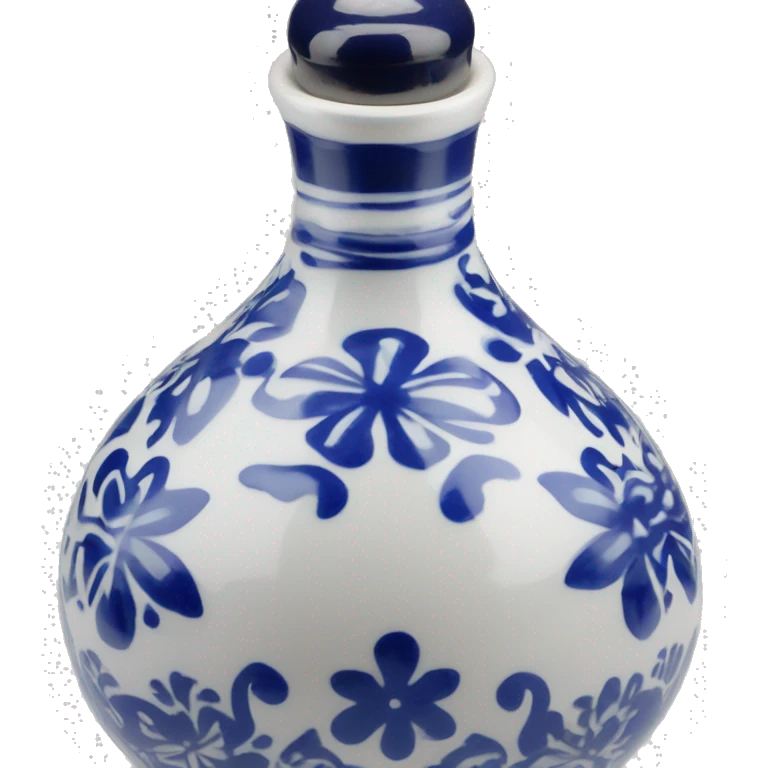 The Clase Azul Tequila bottle is tall and hourglass-shaped, with a wide base that tapers towards the neck. Its white ceramic body is decorated with cobalt blue floral designs, and it’s topped with a complete gray, bell-shaped stopper that curves inward  emoji