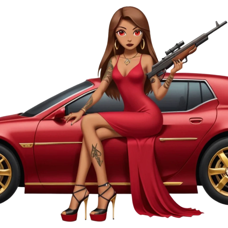 Lilith tan skinfemale red eyes symbol. Tattoo arms. Her hair is brown straight long hair.wearing sexy long ruby covered dress with slit. black stiletto thick platform high heels shoes on. Sitting on gold giant luxury car with cash on her. She is holding a sniper rifle in one hand cash in other hand emoji