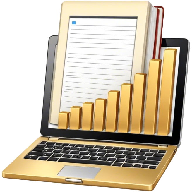 Icon for Business Reading: a prominent book at the forefront, laptop and notepad around it, along with a bar graph. The icon should represent the knowledge and strategy of business literature. Transparent background. emoji