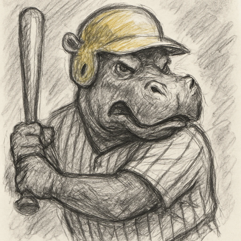 hippo holding a baseball bat, wearing a yellow helmet, pinstripes outfit emoji