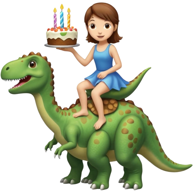 Fairy with brown hair riding a dinosaur presenting a birthday cake emoji