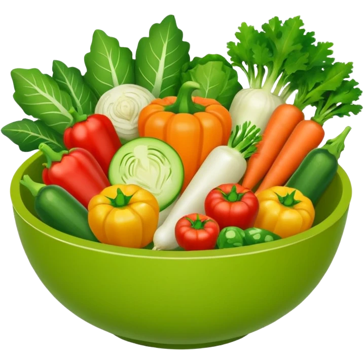 Healthy home cooking humanless avatar in clean style vibrant illustration. Fresh vegetables bowl, green tones, simple shapes, flat design, friendly and light. emoji